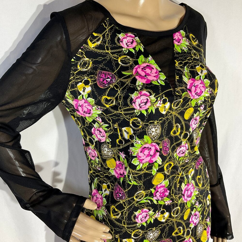 Betsey Johsnson Sz M Roses with Sheer Long Sleeves Womens Floral Mesh Hearts
